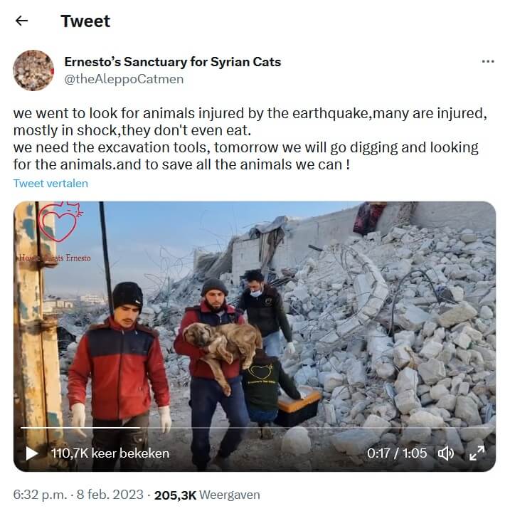 Noodhulp aan dieren na aardbeving Turkije en Syrië start op