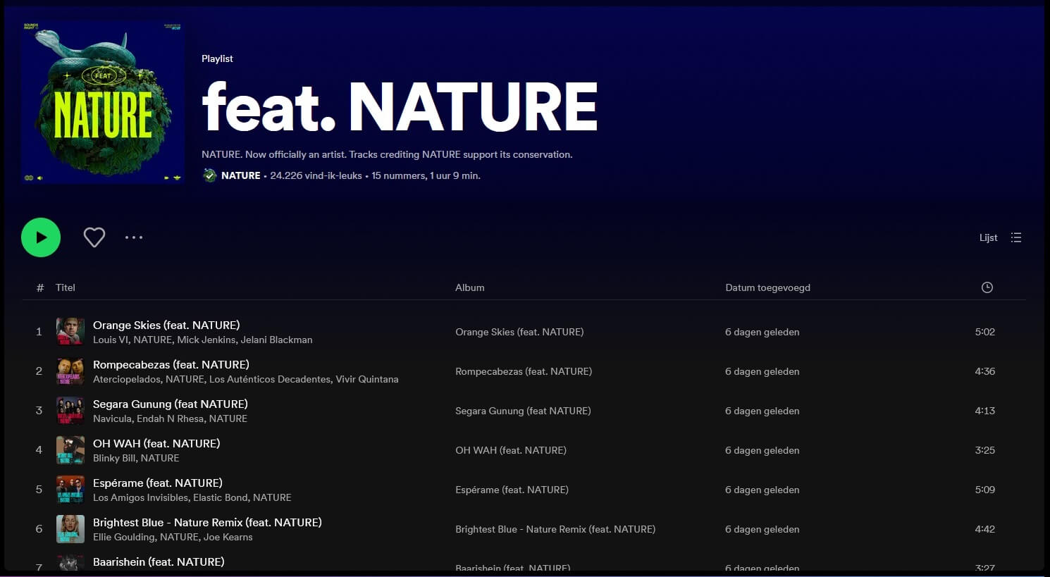 feat NATURE op Spotify 